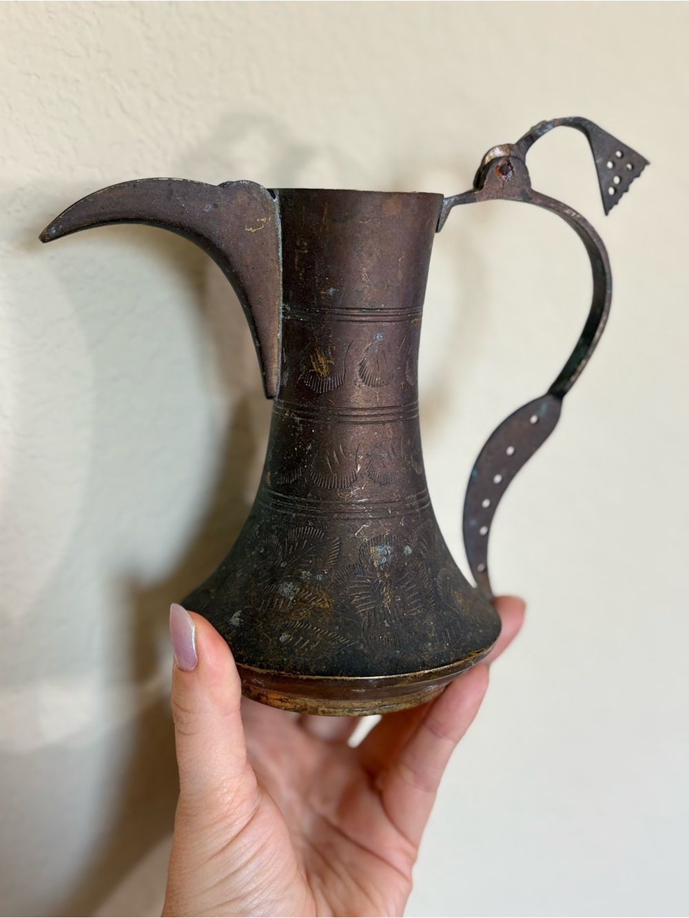 Vintage Middle Eastern Etched Brass Coffee Pot without Lid